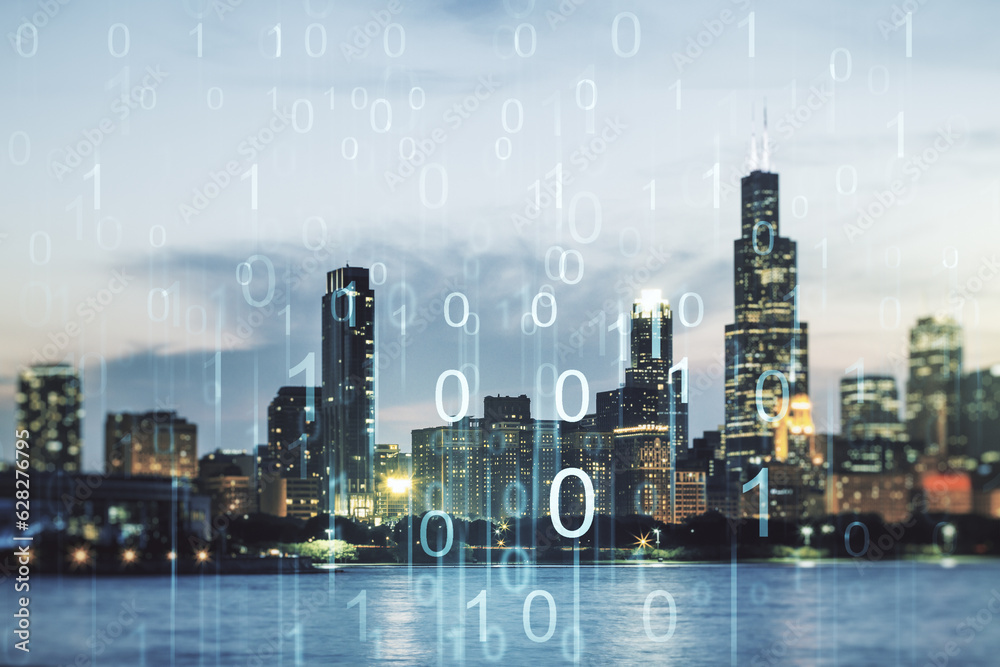 Leinwandbilder Abstract virtual binary code illustration on Chicago skyline background. Big data and coding concept. Multiexposure