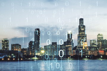 Fototapeta na wymiar Abstract virtual binary code illustration on Chicago skyline background. Big data and coding concept. Multiexposure