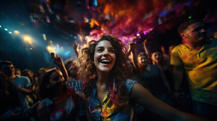 Portrait of happy young woman dancing in front of her friends at a music festival.