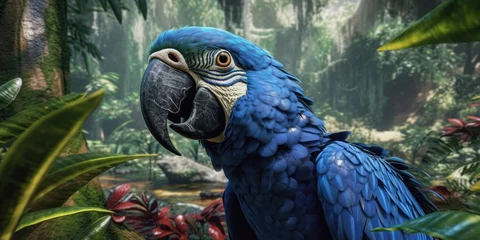 Foto auf Acrylglas Blue macaw, parrot on a branch close-up. Generative AI © 22_monkeyzzz
