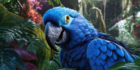 Blue macaw, parrot on a branch close-up. Generative AI