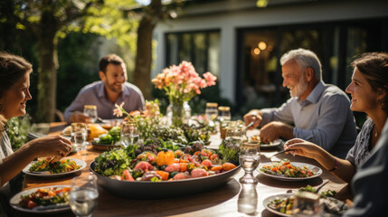 Group of people having dinner together in a garden. Big family celebration gathered.