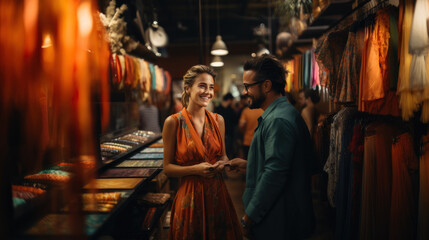 Portrait of a young couple choosing clothes in a clothing store.