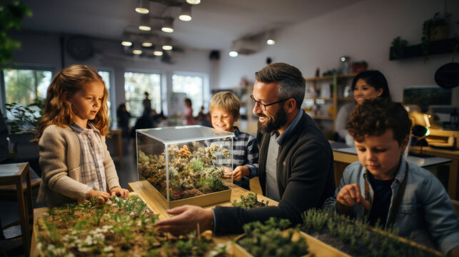 Science Nature Class With Curious Kids Listening Attentively. Teacher With Kids In Biology Class Learning About Plants.