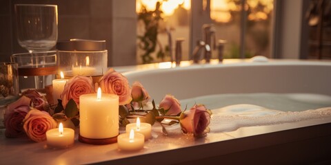 Beautiful Roses and candles in the bathroom, romance.
