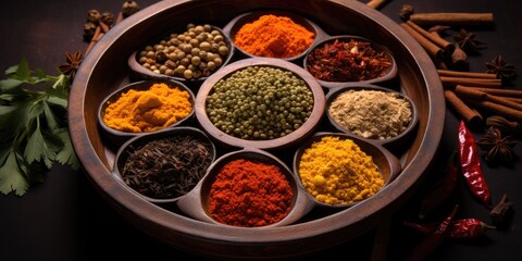  Many different Indian spices close-up in a wooden plate. Pepper, turmeric, thyme, paprika, cumin.