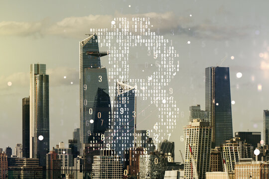 Double exposure of creative Bitcoin symbol hologram on New York city skyscrapers background. Cryptocurrency concept