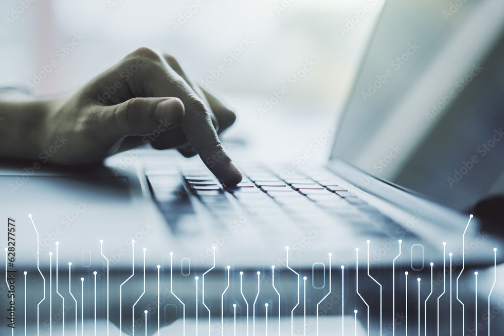 Aufkleber creative concept of microscheme illustration and hands typing on laptop on background. big data and 