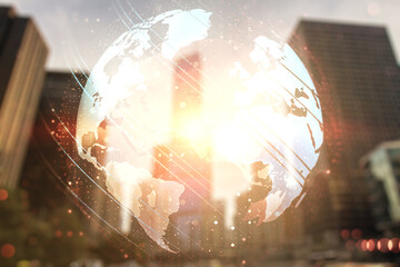 Double exposure of abstract digital world map hologram on blurry cityscape background, big data and blockchain concept