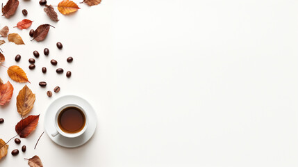 FlatLay of a Coffee Cup/Mug - White Background with Coffee Beans and Dried Fall and Autumn Leaves - Cozycore Aesthetic Overhead View with Copy Space - Generative AI
