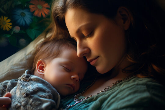 A Caucasian mother and her newborn baby, sharing a peaceful sleep.
