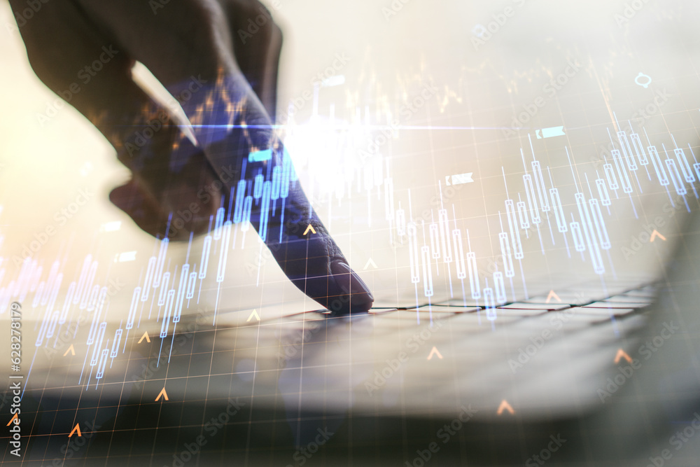 Poster multi exposure of abstract creative financial chart with world map and with hand typing on computer 