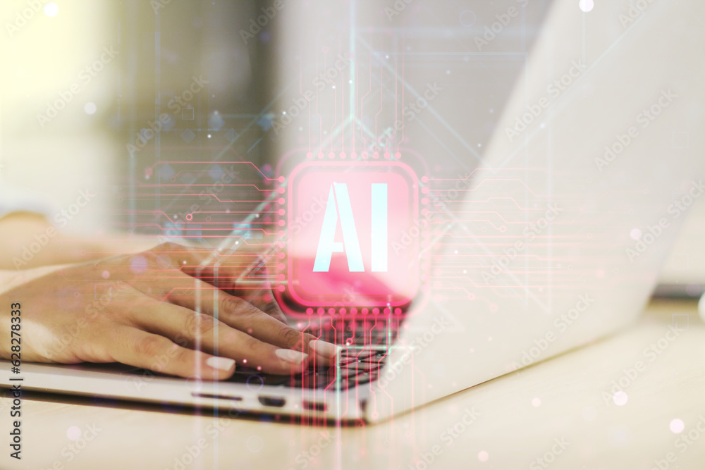 Poster creative artificial intelligence symbol concept with hands typing on computer keyboard on background