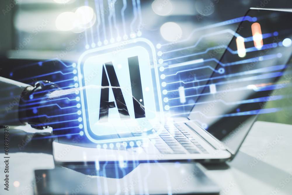 Aufkleber double exposure of creative artificial intelligence icon with hands typing on laptop on background. 