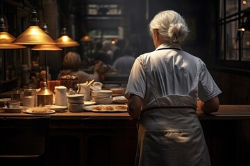 Fototapeta na wymiar The old woman works in a restaurant