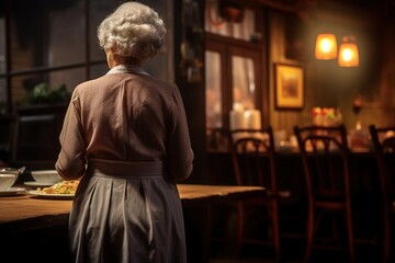 The old woman works in a restaurant