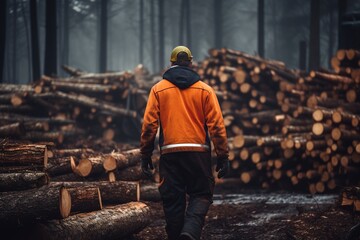 Woodcutter working in the forest and stacked logs - obrazy, fototapety, plakaty