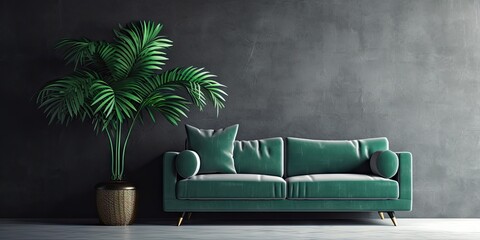 Green sofa on a dark background. Minimalism. Place for text. Generative AI