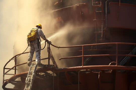 A worker scraping a ship in a shipyard with pressurized water
