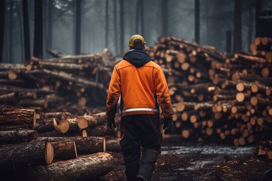 Woodcutter working in the forest and stacked logs