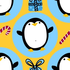 Winter animals seamless cartoon penguin pattern for wrapping paper and kids clothes print and Christmas