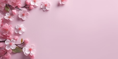 Romantic photo of flowers on a pink background with space for text. Generative AI