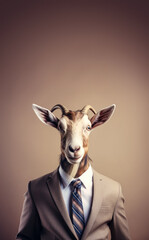 Goat in smart business suit and tie, looking serious businessman. Vertical banner with copy space above. Generative AI