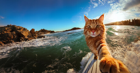 An adorable orange cat stands on a paddle surfboard on the beach. Cat taking a selfie with feline style.