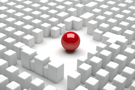 White cubes arranged on a white background with a small red ball between them. Different block. Abstract cube concept. Realistic 3D illustration. Generative AI