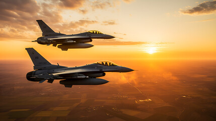 Fototapeta na wymiar flying over the cities at sunset jet fighter f16 with great speed.Patrol of military combat aviation, protection of state borders concept. AI generated