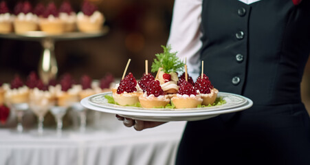 Waiter carrying appetizers on a plate on some festive event, party or wedding reception. catering service	