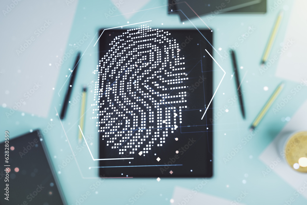 Poster Multi exposure of abstract creative fingerprint illustration and modern digital tablet on background, top view, digital access concept