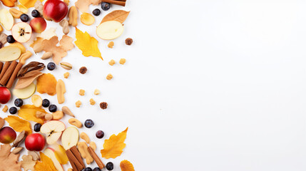 Dried Autumn and Fall Fruits, Leaves, Nuts, and Foliage - FlatLay Overhead View Isolated on White Background - CozyCore Aesthetic with Copy Space - Generative AI