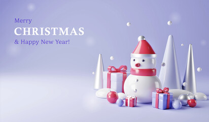Christmas or New Year holiday baner. Winter composition. Realistic 3d plastic design. Christmas trees, gift boxes, balls and snowman. Decorative objects for Greeting card, web background.