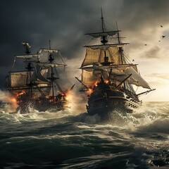 Fototapeta premium epic sea battle set in the year 1600, sea ​​battle in the middle ages | Generative AI