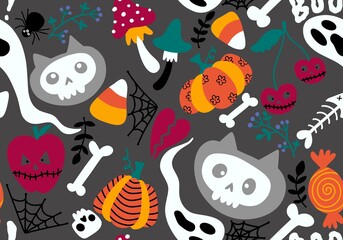 Cartoon Halloween cats seamless pumpkins and skulls and ghost and mushrooms pattern for wrapping paper