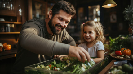 Cute little girl helping her father to prepare salad in the kitchen.