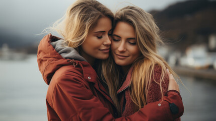 Portrait of two beautiful young twins women in warm clothes hugging each other. - obrazy, fototapety, plakaty