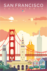 San Francisco city sunset vintage poster vector illustration, California. - 628281717