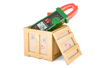 Digital multimeter inside wooden box, delivery concept. 3D rendering