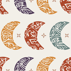 Moon Angry Face Seamless Pattern. Maori Tattoo Ornament. Ethnic Mask. Vector illustration