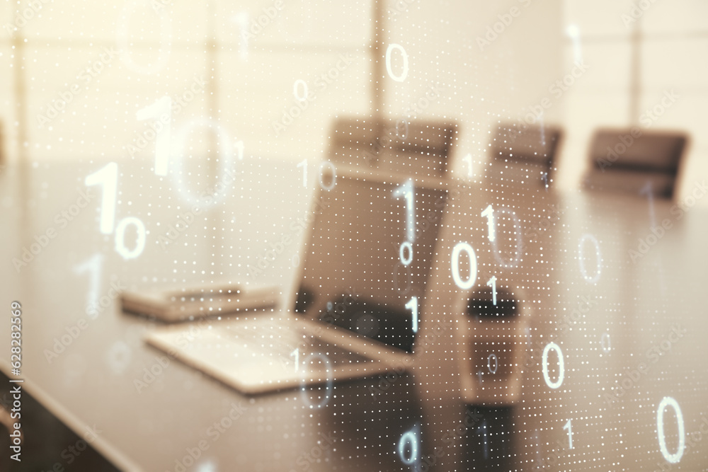 Fototapete creative abstract binary code sketch on modern laptop background, hacking and matrix concept. multie