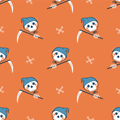 Halloween Seamless Pattern with Scull and Bones. Grim Reaper Character Vector illustration