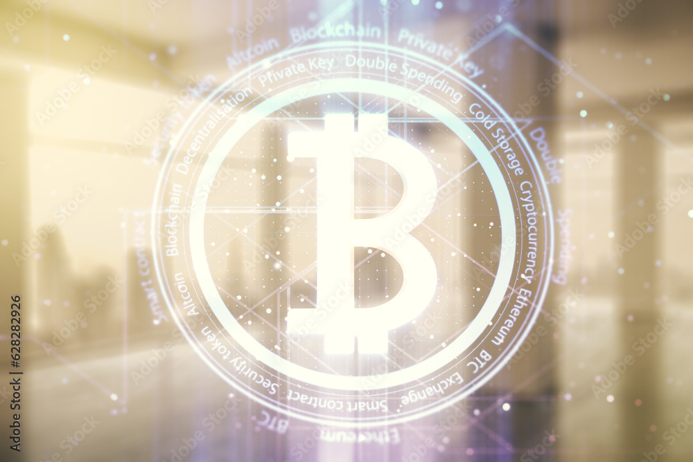 Poster Double exposure of creative Bitcoin symbol hologram on empty room interior background. Mining and blockchain concept