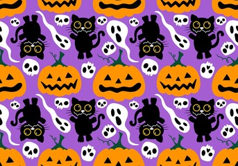 Obraz premium Halloween autumn harvest season pumpkins and cat pattern for wrapping paper and kids clothes print and festive