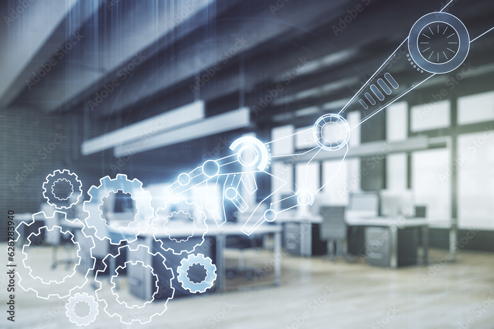 Aufkleber Abstract virtual robotics technology hologram on a modern furnished office background. Robot development and automation concept. Multiexposure