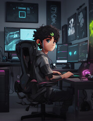 "Tech-savvy boy gamer with neon Cyberpunk colors, immersed in his full streaming setup. 🎮🎧"