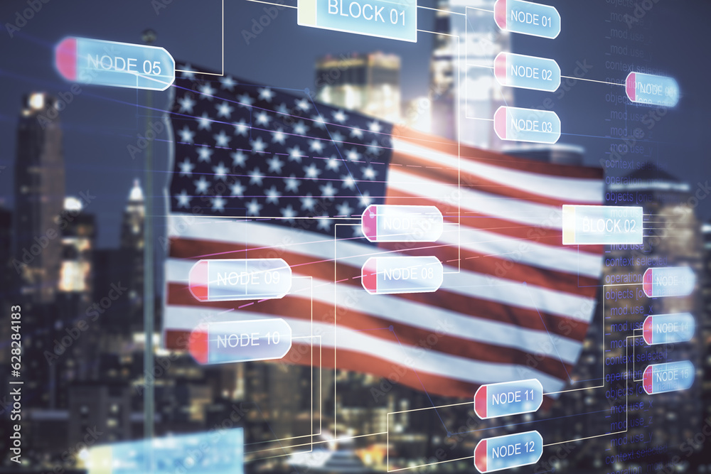Fototapete multi exposure of abstract creative coding sketch on usa flag and blurry cityscape background, artif