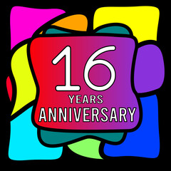 16 years anniversary, abstract colorful, hand made, for anniversary and anniversary celebration logo, vector design isolated on black background
