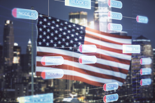 Multi exposure of abstract creative coding sketch on USA flag and blurry cityscape background, artificial intelligence and neural networks concept
